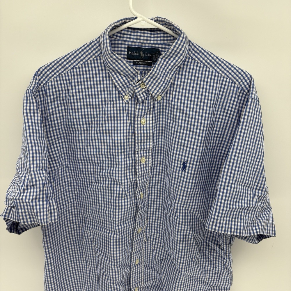 Vintage Ralph Lauren‎ Gingham Check Blue Button Down Short Sleeve Preppy Men XL